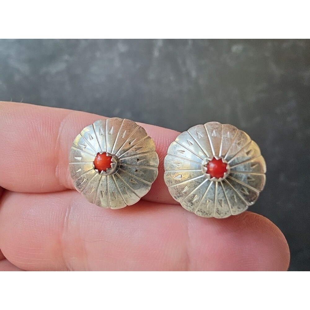 Native American 925 Sterling Silver Coral Floral Clip-on Earrings Vintage